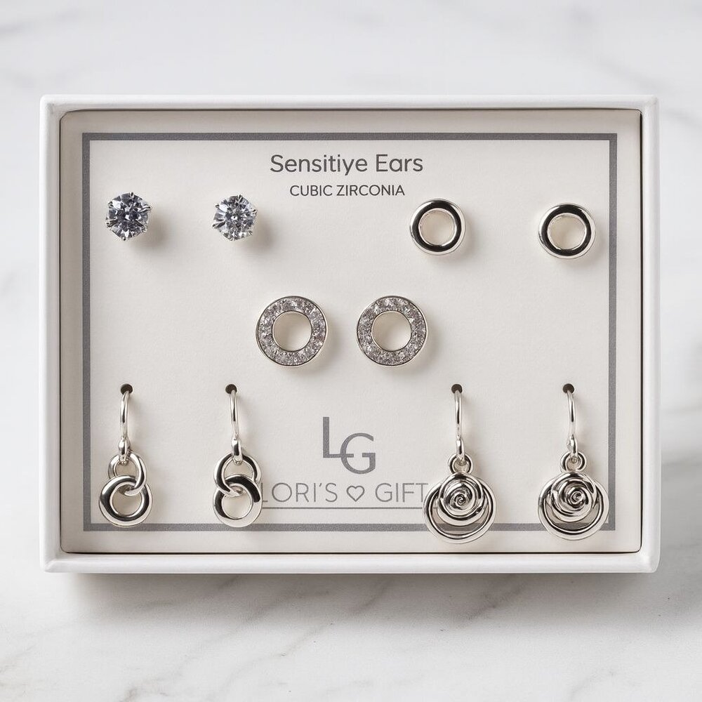 Vtg 5 Pairs Hypoallergenic Earrings Set Silvertone Cubic Zirconia Sensitive Ears